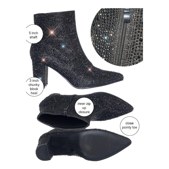 Women Rhinestone Block Chunky Heel Ankle Bootie - Picture 4 of 7